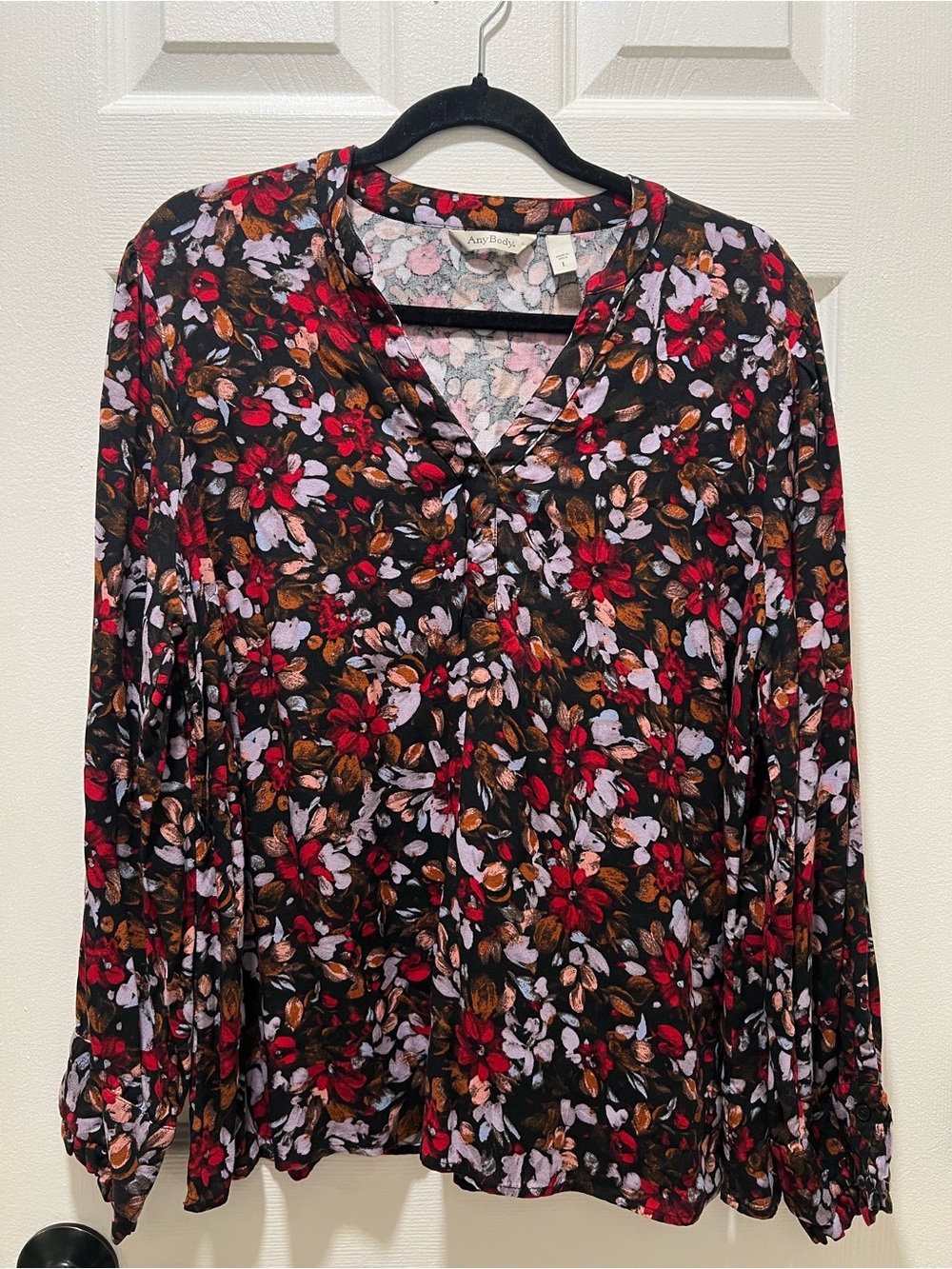 AnyBody Floral V-Neck Long Sleeve Blouse Top Size Large Dark Floral Pink Red